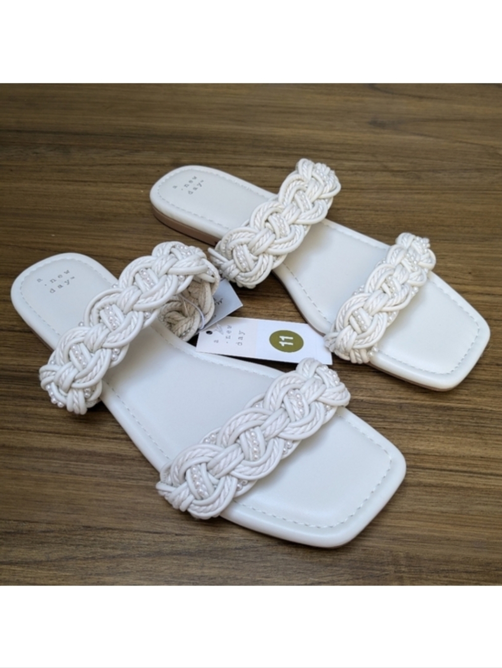 NWT A New Day Cream Sarafina Woven Pearl Square Toe Flat Sandals Size 11